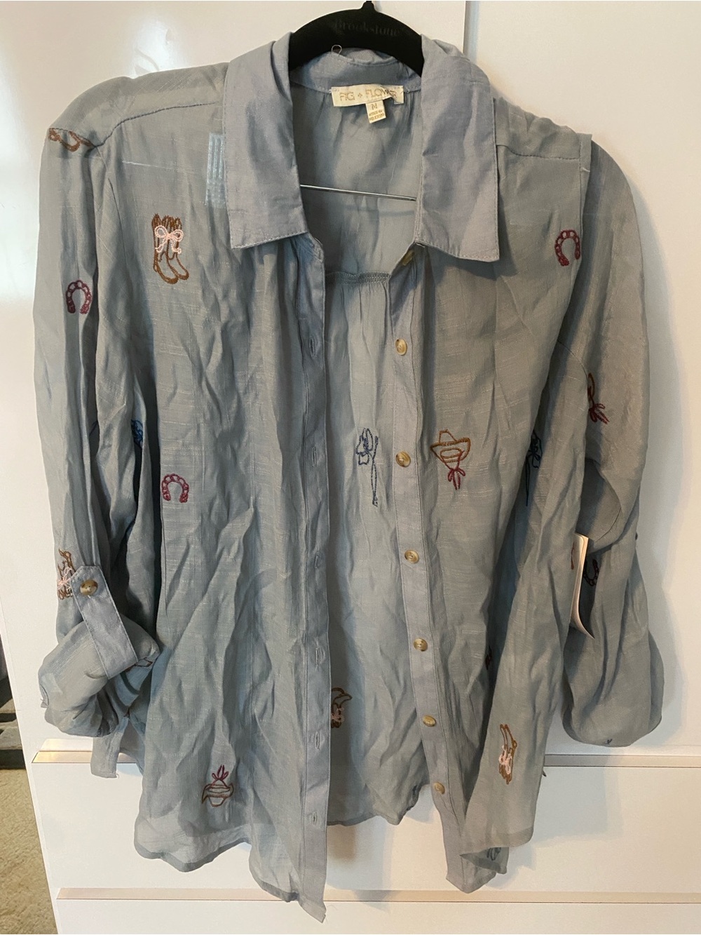 Western Country Cowgirl Light Blue Embroidered Button-Up Shirt